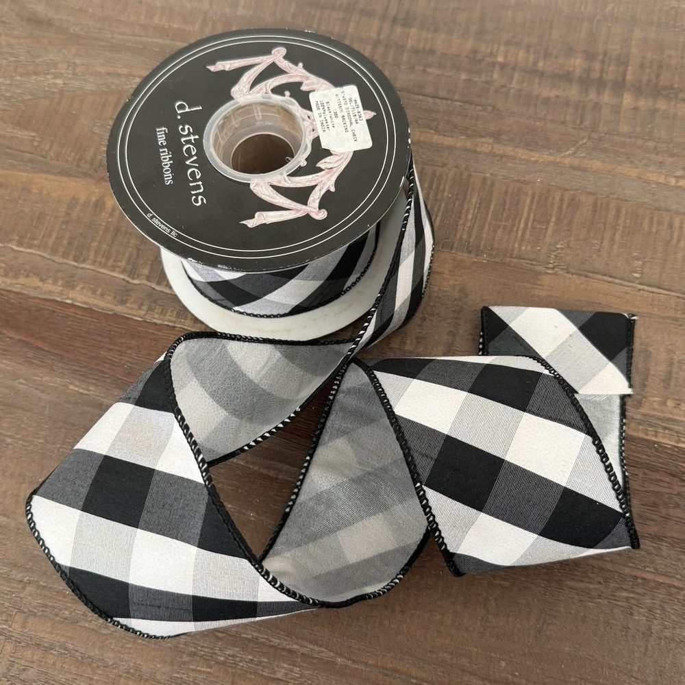 D. Stevens 2.5" Wired Ribbon Black White Diagonal Check Christmas Harlequin - Picture 5 of 8